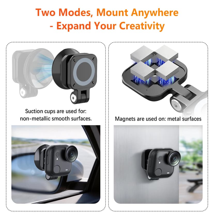 AMAZEAR 2-in-1 Quick Mount for Insta360 GO Ultra Accessories, Metal Bracket Insta 360 Magnetic and Suction Cup Adapter Holder with Super-Strong Magnets, Seamless, Compact, Lightweight, Black - 3