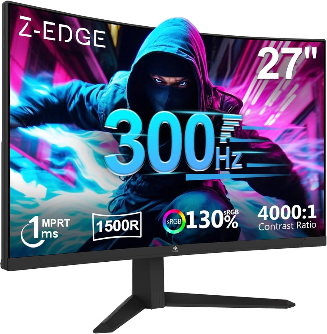 Z-Edge 27 Inch 300Hz(DP) 240Hz(HDMI) Curved Gaming Monitor 1ms MPRT Full HD LED Monitor, 300cd/m² Brightness, 16:9 VA Panel, FreeSync, HDR10, HDMI 2.0 & DisplayPort 1.4, VESA Mountable