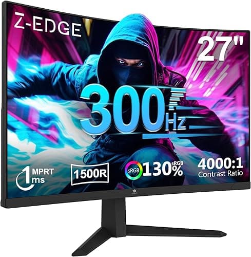 Z-Edge Ecran Pc Gamer Incurvé 27'' 300Hz (DP1.4 * 2), 1ms MPRT, FreeSync, FHD, 240Hz (HDMI2.0 * 2), Moniteur Gaming LED 16:9, Inclinaison Réglable, 1500R VA, 4000:1, VESA 100 * 100mm(DP Câble Inclus)