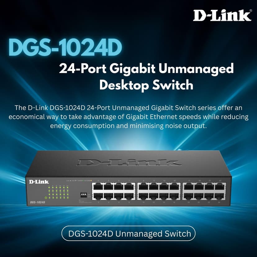 D-Link DGS-1024D/B 24‑Port Gigabit Unmanaged Desktop Switch, Hub, Internet Splitter, Metal, Fanless, Plug and Play - UK Model black DGS-1024D/B - 2
