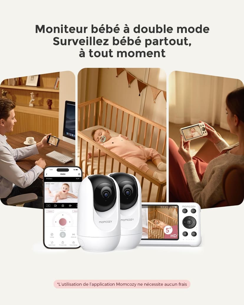 momcozy Moniteur Bébé WiFi 2 Caméra HD 5" 1080P Fixation Murale, Détection Mouvements/Pleurs, Périmètre Sécurisé, Vision Nocturne Claire, Batterie 5000mAh, Interphone 2 Sens, Enregistrement Vidéo​ - 3