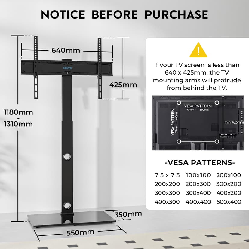 BONTEC TV Floor Stand for 30-70 Inch LED LCD OLED Flat Curved TVs, Height Adjustable Tall Swivel Standing TV Stand, Universal Freestanding Floor Standing TV Stand Base up to 40kg, Max VESA 600x400mm - 6