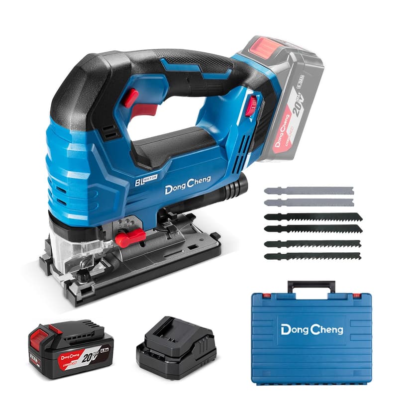 Dong Cheng Scie Sauteuse Sans Fil 18V Sans Balais, Scie Sabre Pendulaire course de 26 mm, 6 Vitesses, Coupe Biseau 0-45°, Double LED & Souffleur - Avec Batterie 4Ah, 6 Lames, Chargeur et Caisse Pro - 1
