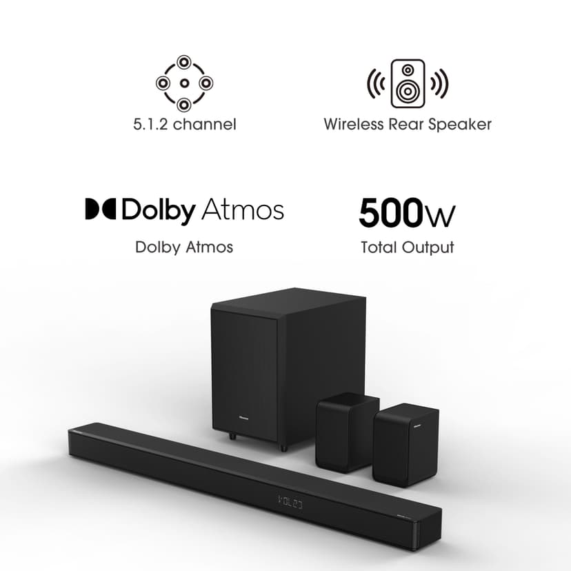 Hisense AX5125H 5.1.2 Channel 500W Dolby Atmos Soundbar with Wireless Subwoofer& Up Firing Speakers& Turly Wireless Rear Speakers - 4