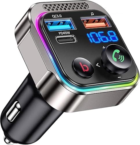 GizmoVine Bluetooth 5.4 FM Transmitter Car Adapter 63W (PD 45W & 18W) [Light Switch] [HiFi Bass Sound] [Fast Charging] Wireless Radio Music Adapter LED Display Zinc Alloy Hands-Free Calling Support