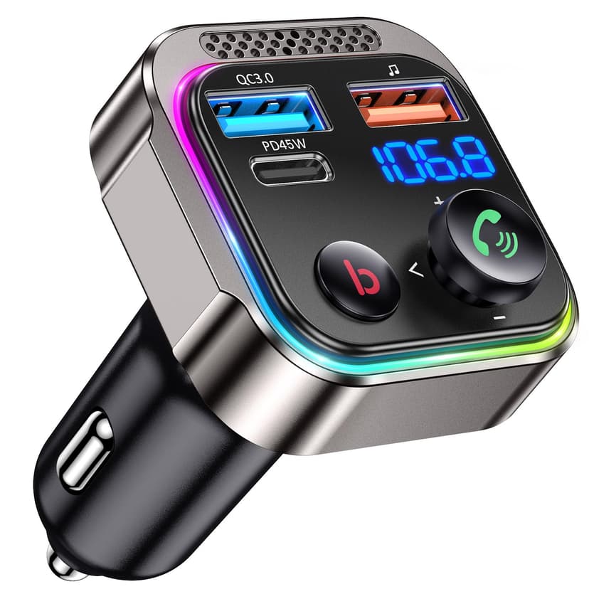 GizmoVine Bluetooth 5.4 FM Transmitter Car Adapter 63W (PD 45W & 18W) [Light Switch] [HiFi Bass Sound] [Fast Charging] Wireless Radio Music Adapter LED Display Zinc Alloy Hands-Free Calling Support - 1