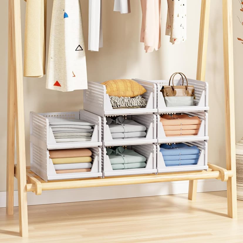 caktraie Organizador de armario plegable, paquete de 8 cajas de almacenamiento apilables, cesta de almacenamiento de plástico, almacenamiento plegable para armario, cocina, baño, color blanco - 4