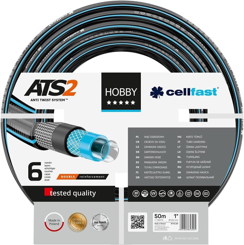 Cellfast Garden Hose HOBBY ATS2 1'' 50m, Flexible 6-layer Hose, Double Braid with Cross and Tricot Fabric, 30 Bar Burst Pressure, 16-231 - 1