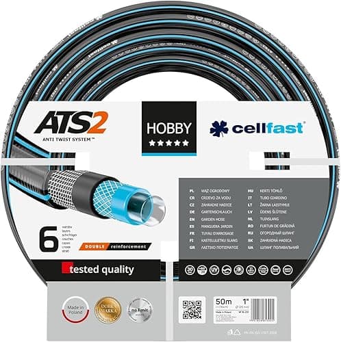 Cellfast Garden Hose HOBBY ATS2 1'' 50m, Flexible 6-layer Hose, Double Braid with Cross and Tricot Fabric, 30 Bar Burst Pressure, 16-231