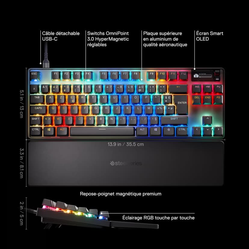 SteelSeries Apex Pro TKL Gen 3 - Clavier Gaming-HyperMagnetic - OmniPoint 3.0 - Actionnement Ajustable - Déclenchement Rapide-Préréglages prêts à Jouer - Toucher Rapide/SOCD - OLED -FR Layout AZERTY - 3