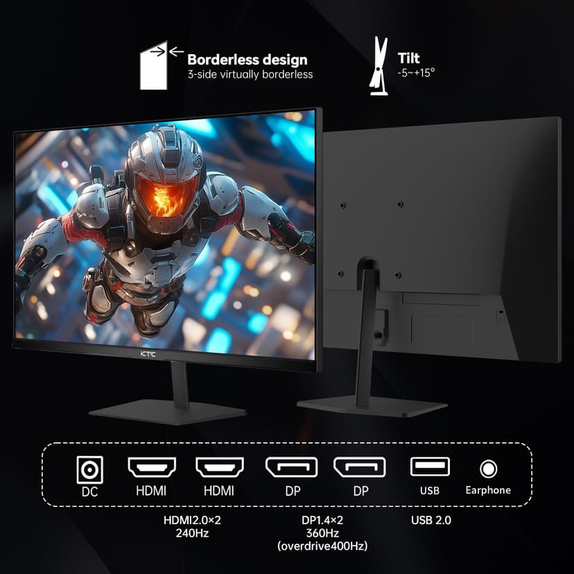 KTC 24.5 inch 400Hz 240Hz Gaming Monitor | Fast IPS 1ms | FHD 1080P Monitor | HDR 400 128% sRGB | HDMI x2, DP x2 |Tilt Adjustability VESA Monitors Black H25X7 - 6