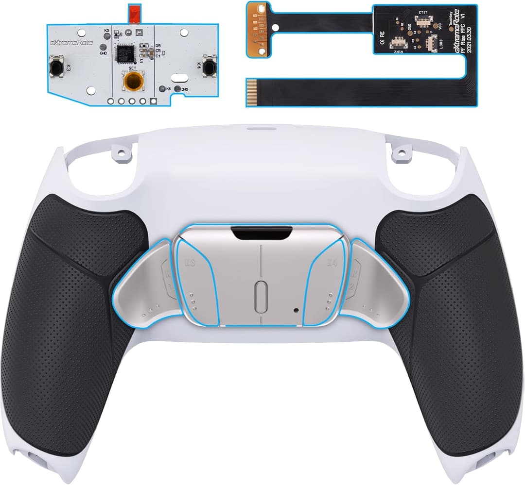 eXtremeRate Silver Real Metal Buttons (RMB) RISE4 Remap Kit for PS5 Controller BDM-010 BDM-020 with Black Rubberized Grip Redesigned White Back Shell - Without Controller