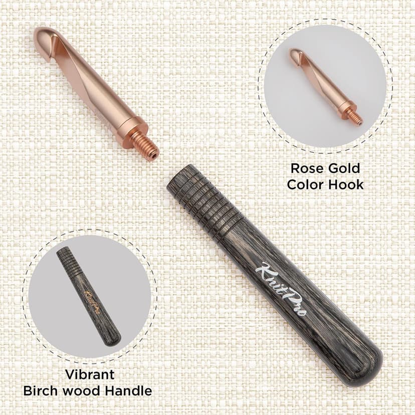 KnitPro Oasis Interchangeable Crochet Hook Starter Set with Wooden Handle - for Both Beginner and Experienced Crocheters - 1 Set, Rose Gold, 2.00-5.00mm - 3
