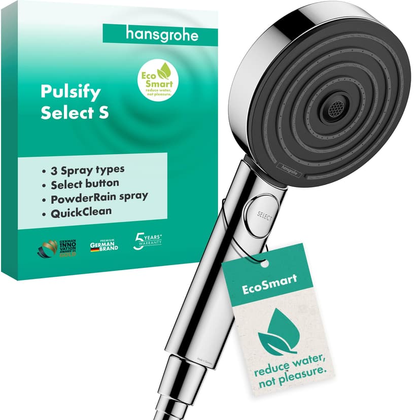 hansgrohe Pulsify Select S - water-saving shower head 9 l/min (EcoSmart), hand shower round (⌀ 105 mm) with 3 sprays (Activation version), with anti-limescale function, chrome - 1