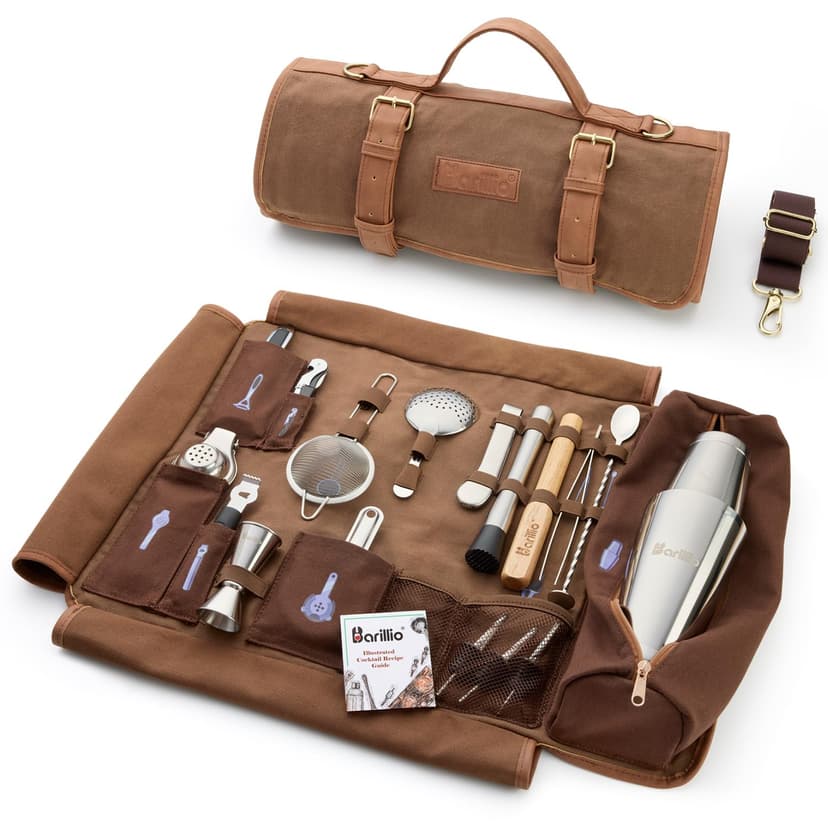 Barillio Bartender Bag Travel Bartender Kit Bag with Bar Tools | Professional 17-Piece Bar Tool Set with Portable Waxed Canvas Bag Including Shoulder Strap for Easy Carry | Travel Cocktail Set…… - 1