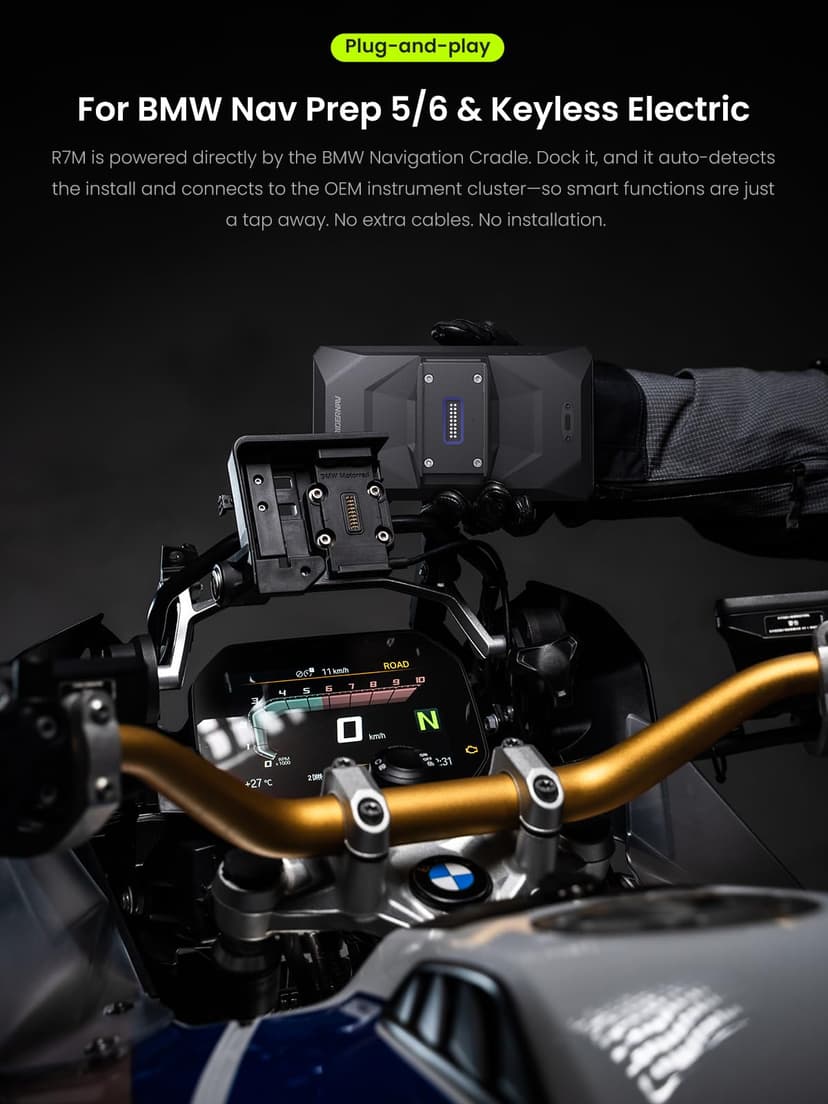 RiderNav R7M 7" Wireless Motorcycle CarPlay & Android Auto for BMW Motorcycles - Native Wonder Wheel & Action Camera Control (GoPro/Insta360)| TPMS/RPM| OTA Updates|1200-Nit IP69K GPS | Nav Prep 5/6 - 2
