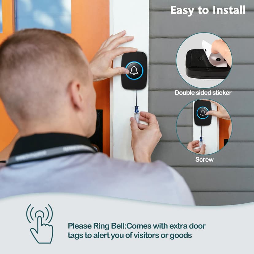 Blendura funk türklingel Set, 300 m Wireless Range IP44 Waterproof Electronic Front Doorbell with Plug-in Receivers, 60 Melodies, 5 Volume Levels, Black - 4