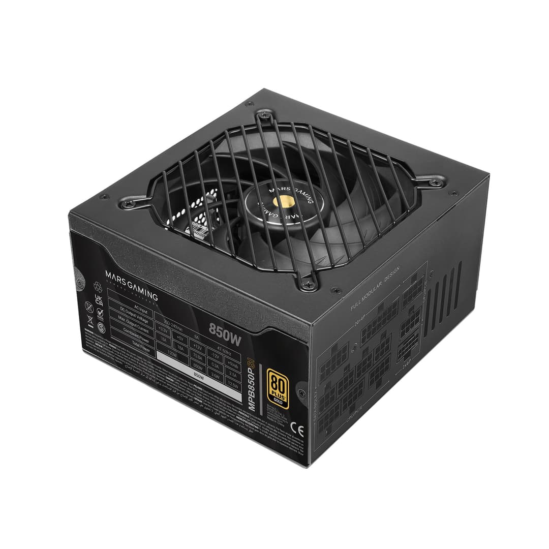 Mars Gaming MPB850PSI, Full Modular ATX Power Supply 850W, 10-Year Warranty, 80Plus Gold 90%, 14cm SI Fan, AI2-RPM Technology, DC-DC and SMD, ATX 3.1 and PCIe 5.1, 12V 2x6 Connector, Black