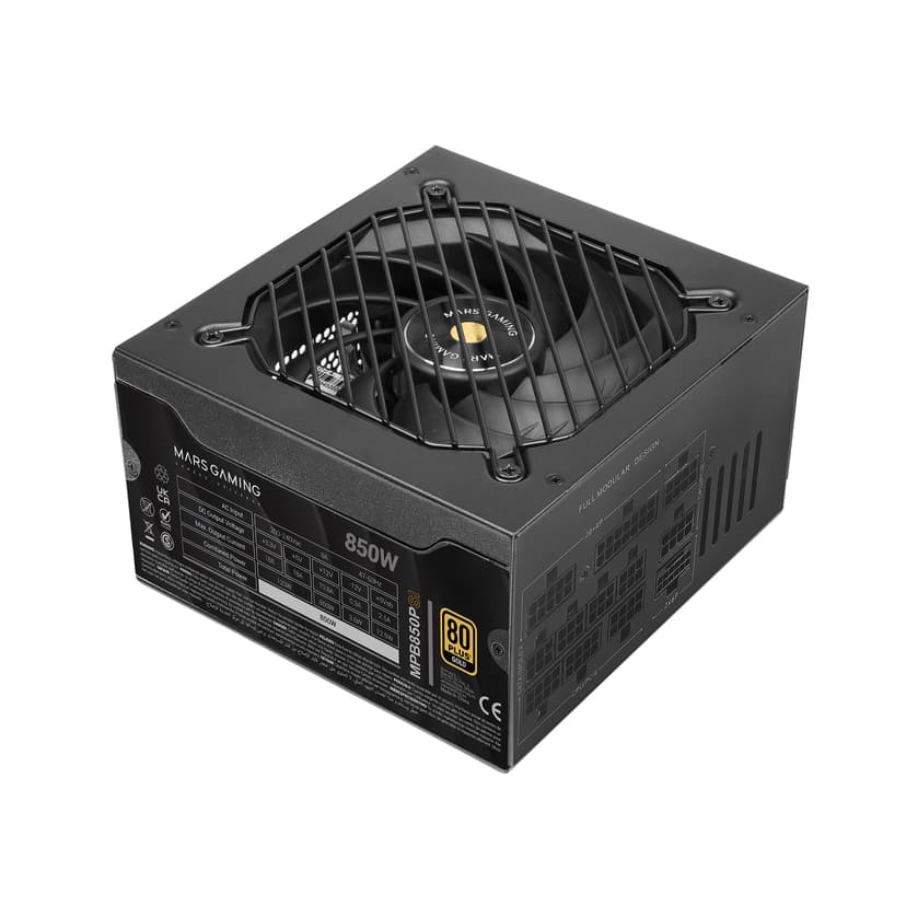 Mars Gaming MPB850PSI, Full Modular ATX Power Supply 850W, 10-Year Warranty, 80Plus Gold 90%, 14cm SI Fan, AI2-RPM Technology, DC-DC and SMD, ATX 3.1 and PCIe 5.1, 12V 2x6 Connector, Black - 1