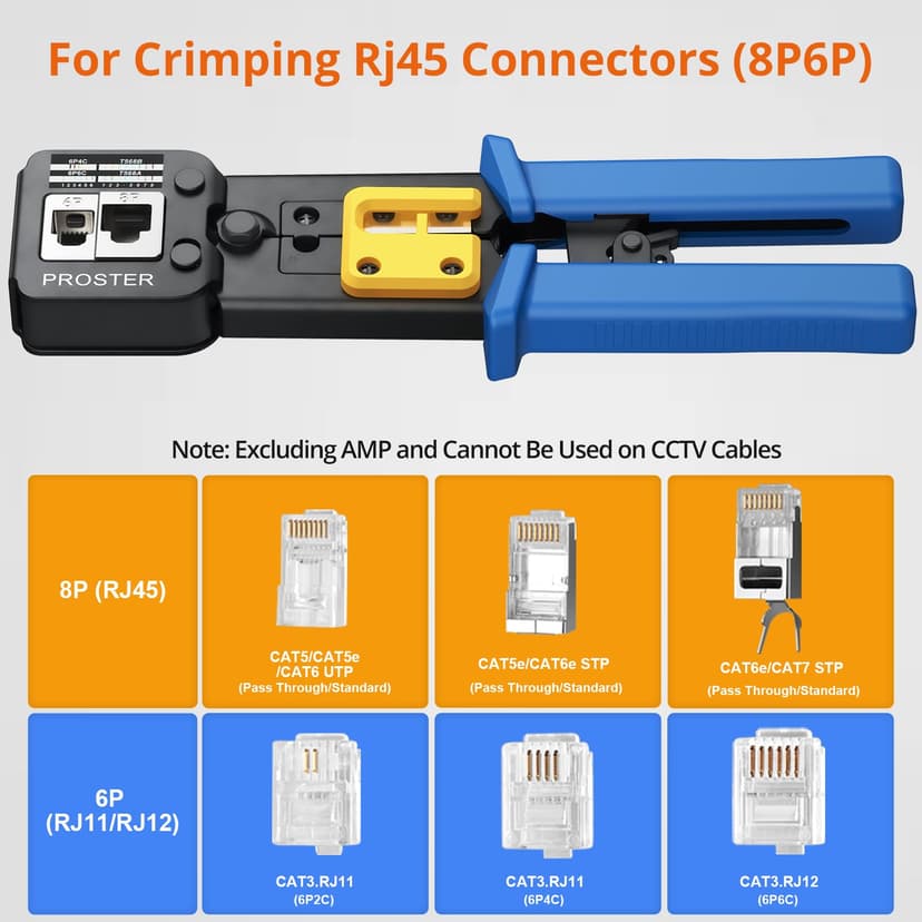 Proster RJ45 Crimp Tool Kit - RJ45 Pass Through Crimp Tool for CAT5 CAT5e CAT6 Network Cable with Network Cable Tester & 50Pcs Gold-Plated CAT6 Connectors & Covers & 5 Spare Blades & Stripper - 4