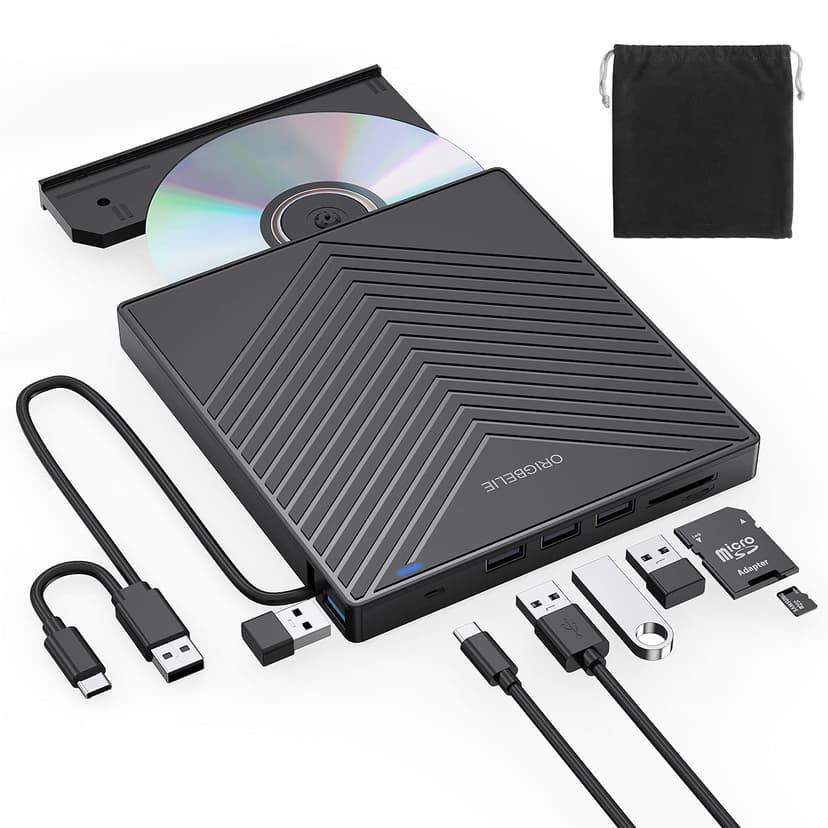 ORIGBELIE External CD DVD Drive, Ultra Slim CD Burner USB 3.0 with 4 USB Ports and 2 TF/SD Card Slots, Optical Disk Drive for Laptop Mac, PC Windows 11/10/8/7 Linux OS - 1