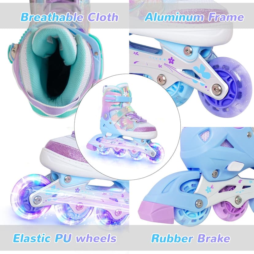 Patins à roues alignées papillon et fleur pour filles et garçons – Rose rouge pour adolescents de 7, 8, 9, 10 ans – Toutes roues lumineuses réglables pour sports d'intérieur et d'extérieur, cadeau - 2