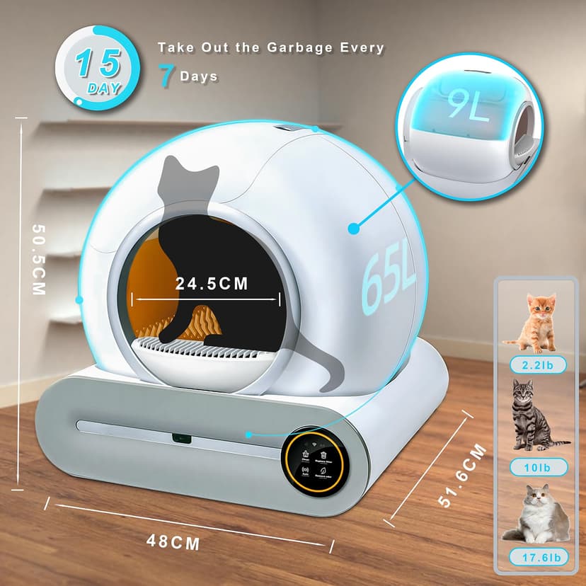 XQDKoon Automatic Cat Litter Box Self Cleaning with Odor Control, Safety Protection, APP Control, Odor Removal, 65L +9L Self Cleaning Litter Box Multiple Cats with 2 Roll Garbage Bags - 4