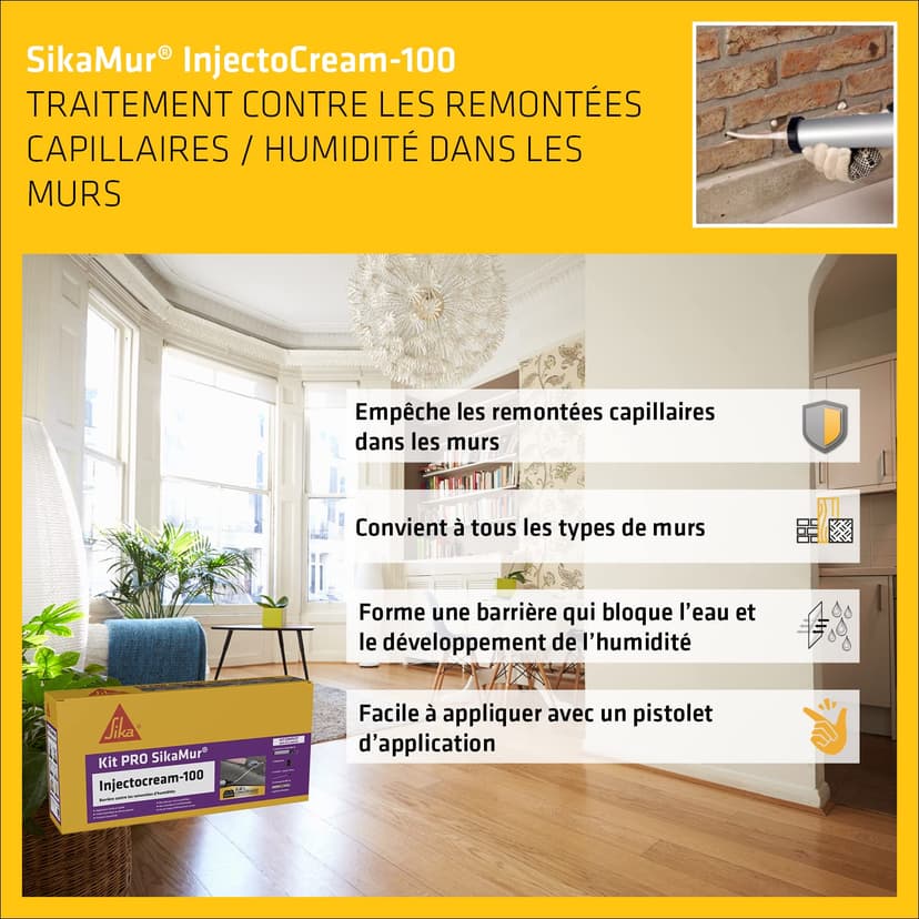SIKA - Kit Traitement contre les Remontées Capillaires/Remontées d'Humidité dans les Murs - SikaMur InjectoCream 100, Blanc - Intérieur et Extérieur - Anti-moisissures - 20m linéaire - 4