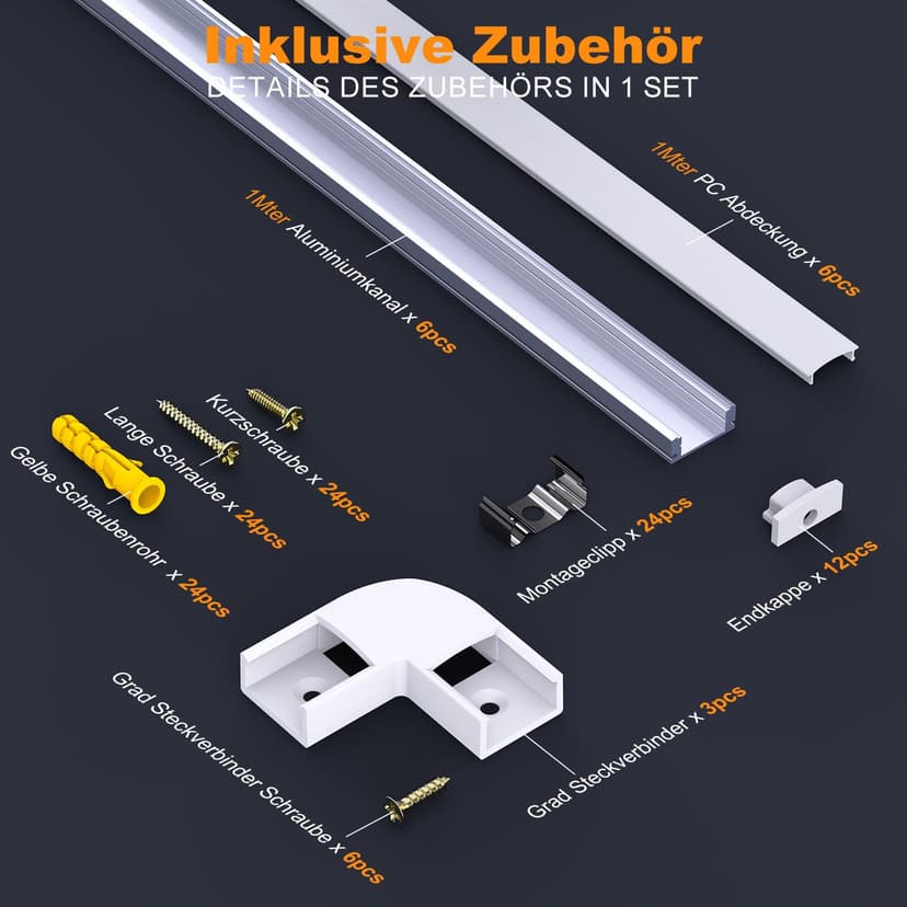 Chesbung Lot de 6 profilés LED en aluminium 1 m en forme de U pour bandes LED jusqu'à 12 mm avec couvercles en blanc laiteux, embouts et matériel de montage - 4