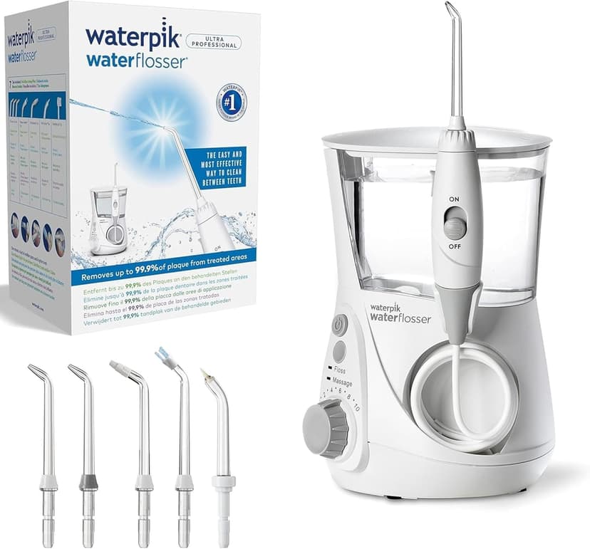 Waterpik – Hydropulseur Ultra professionnal, Jet dentaire avec 6 embouts et 10 niveaux de pression, Élimine la plaque, Blanc (WF-660EU) - 1