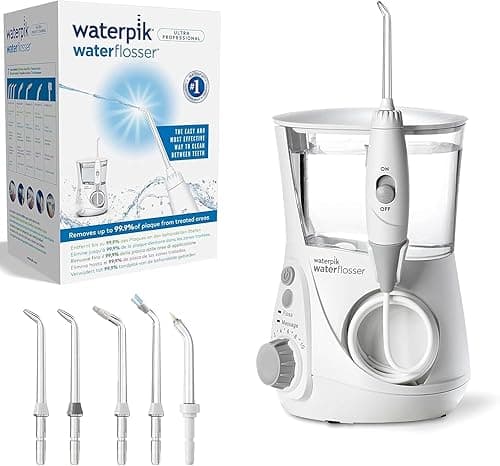 Waterpik – Hydropulseur Ultra professionnal, Jet dentaire avec 6 embouts et 10 niveaux de pression, Élimine la plaque, Blanc (WF-660EU)