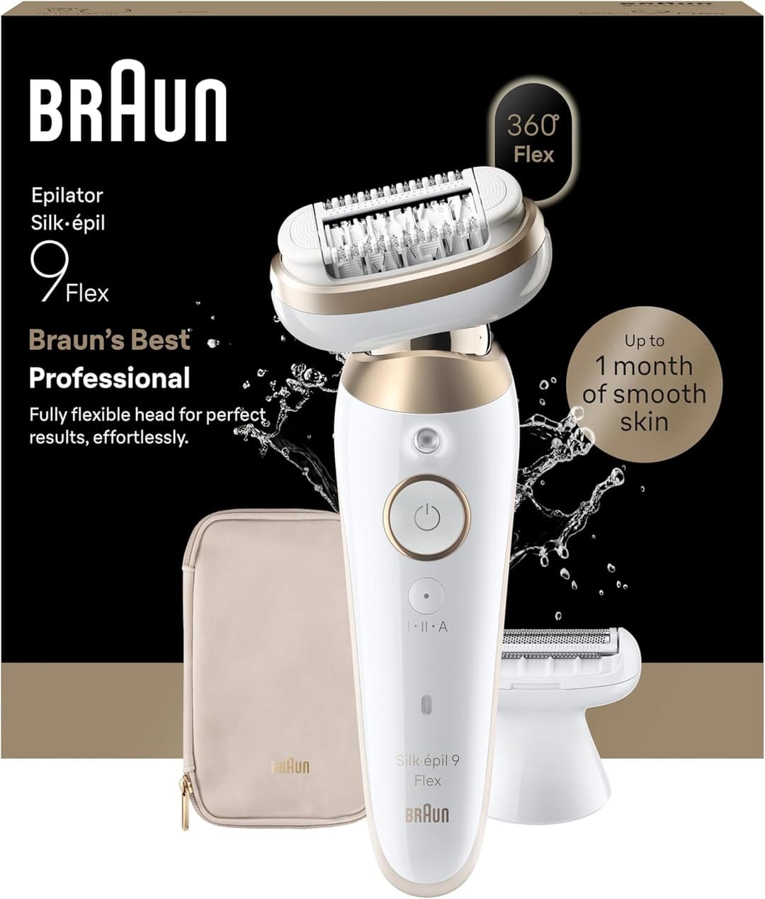 Braun Silk·épil 9 Flex, Epilator 360°, Dry/Wet, Includes Hair Removal Head and Trimmer Comb, 9-041 3D, Gold
