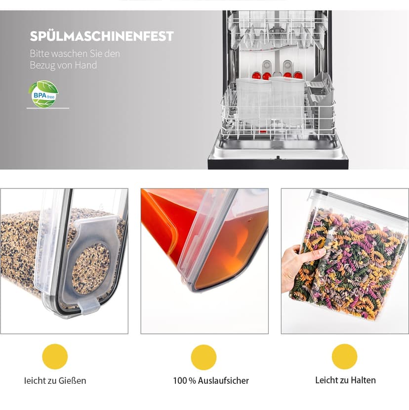 L LONGANCHANG 4 Pack Airtight Food Storage Canisters with Lids - 4 Litre BPA Free Kitchen Storage Container - Moth Proof - Flour Organizer Spaghetti Cornflakes with Labels - 5