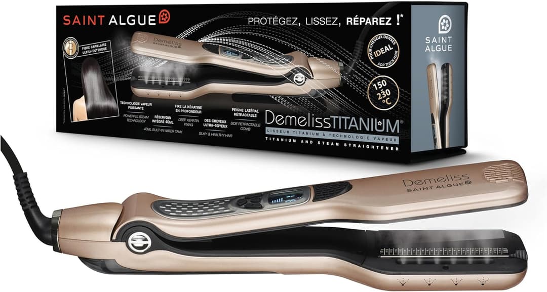 SAINT ALGUE Demeliss Titanium - Professional Titanium Wide Straightener with Steam Technology, for All Hair Types, Temperature from 150 ° to 230 °, 40 ml Water Tank - Gold / Black
