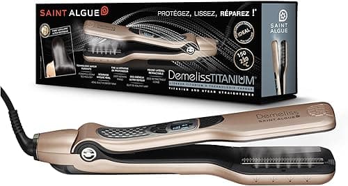 SAINT ALGUE Demeliss Titanium - Professional Titanium Wide Straightener with Steam Technology, for All Hair Types, Temperature from 150 ° to 230 °, 40 ml Water Tank - Gold / Black