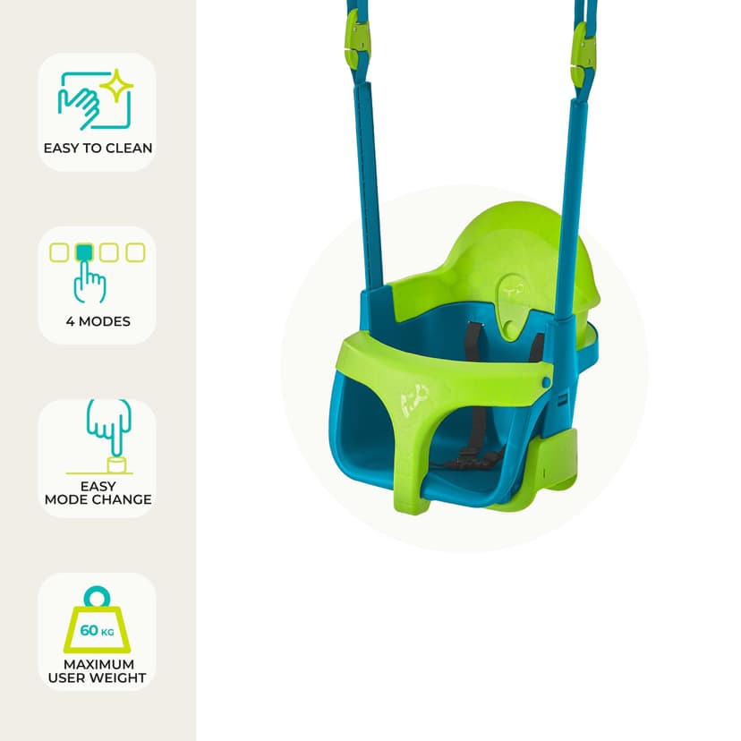 TP Toys Fauteuil Bébé Évolutif Quadpod 4 en 1 – Balançoire Bébé de 6 Mois à 8 Ans – Sangles d’Extension pour Portiques Hauts et Bas – Sécurisée et Confortable – Bleu/Vert - 8