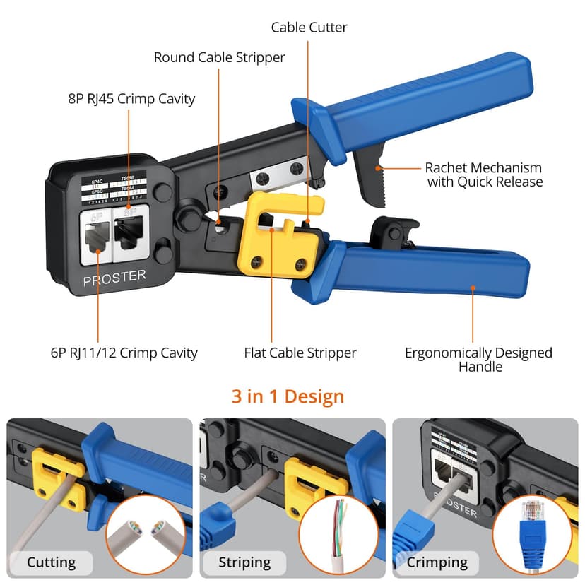 Proster RJ45 Crimp Tool Kit - RJ45 Pass Through Crimp Tool for CAT5 CAT5e CAT6 Network Cable with Network Cable Tester & 50Pcs Gold-Plated CAT6 Connectors & Covers & 5 Spare Blades & Stripper - 2