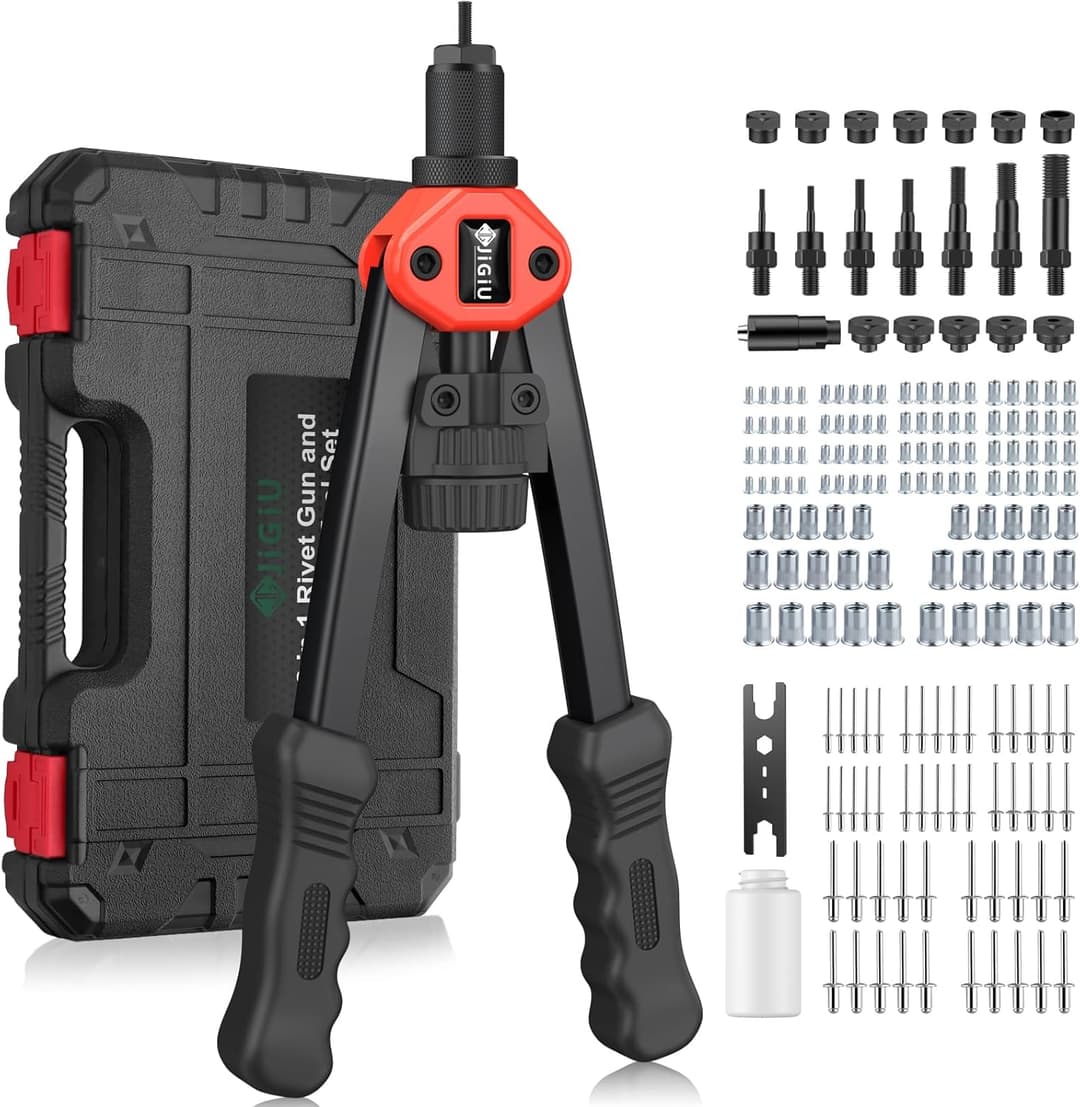 JiGiU 2 in 1 Rivet Nut Tool and Rivet Gun, Professional Hand Rivnut Gun Rivet Nut Gun Tool Heavy Duty Rivnut Tool Kit with M3 M4 M5 M6 M8 M10 M12 & 3.2/4.0/4.8/6.0/6.4 Rivet Heads,110 Nuts & 50 Rivets