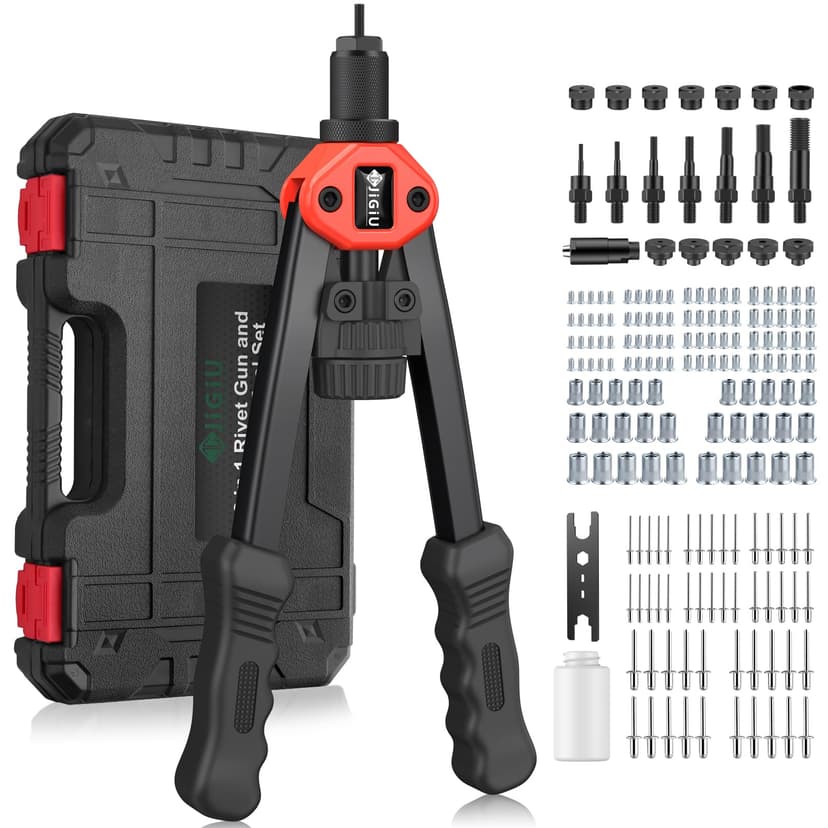 JiGiU 2 in 1 Rivet Nut Tool and Rivet Gun, Professional Hand Rivnut Gun Rivet Nut Gun Tool Heavy Duty Rivnut Tool Kit with M3 M4 M5 M6 M8 M10 M12 & 3.2/4.0/4.8/6.0/6.4 Rivet Heads,110 Nuts & 50 Rivets - 1