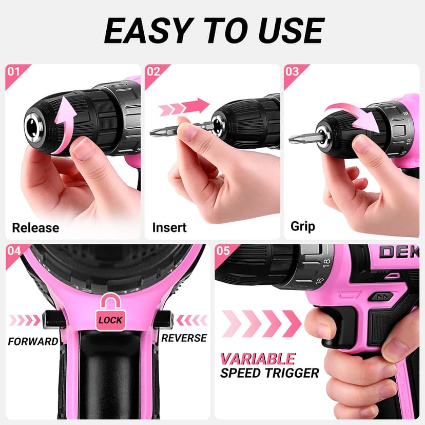 DEKOPRO Cordless Drill 20 V Pink Electric Screwdriver - Pink Screwdriver for Women - Complete Kit with 2 x 1.5Ah Batteries and Charger - 4