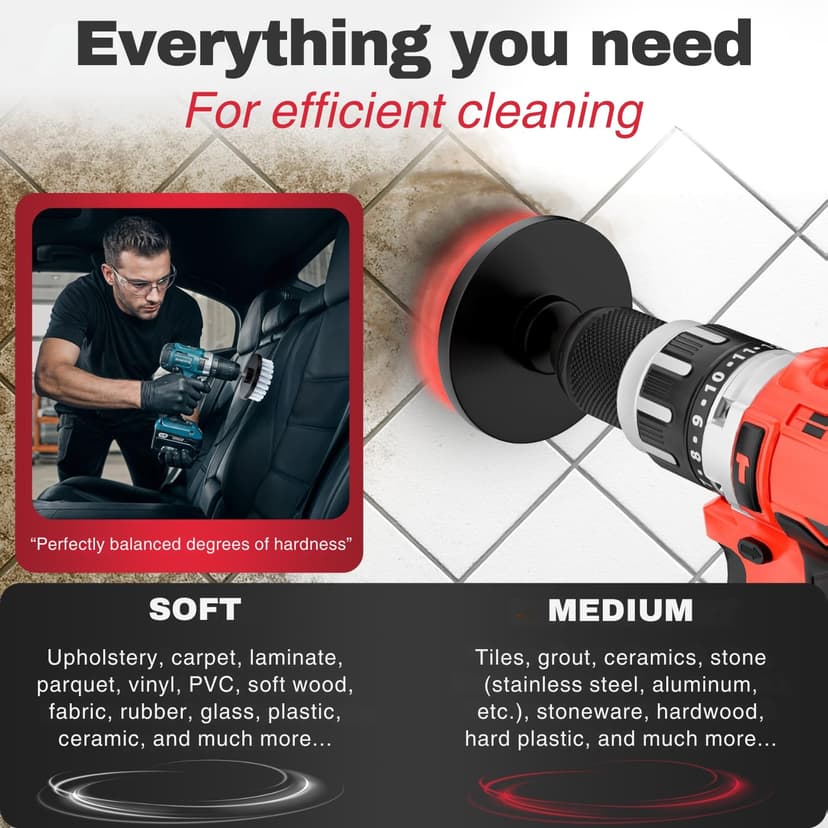 Drill Brush Attachments for Cordless Drill [Set of 6] Universally Cleans Cars, Rims, Upholstery, Tiles, and More I Drill Brushes for Cleaning I Drill Cleaning Brush Set I Drill Brush Set - 3
