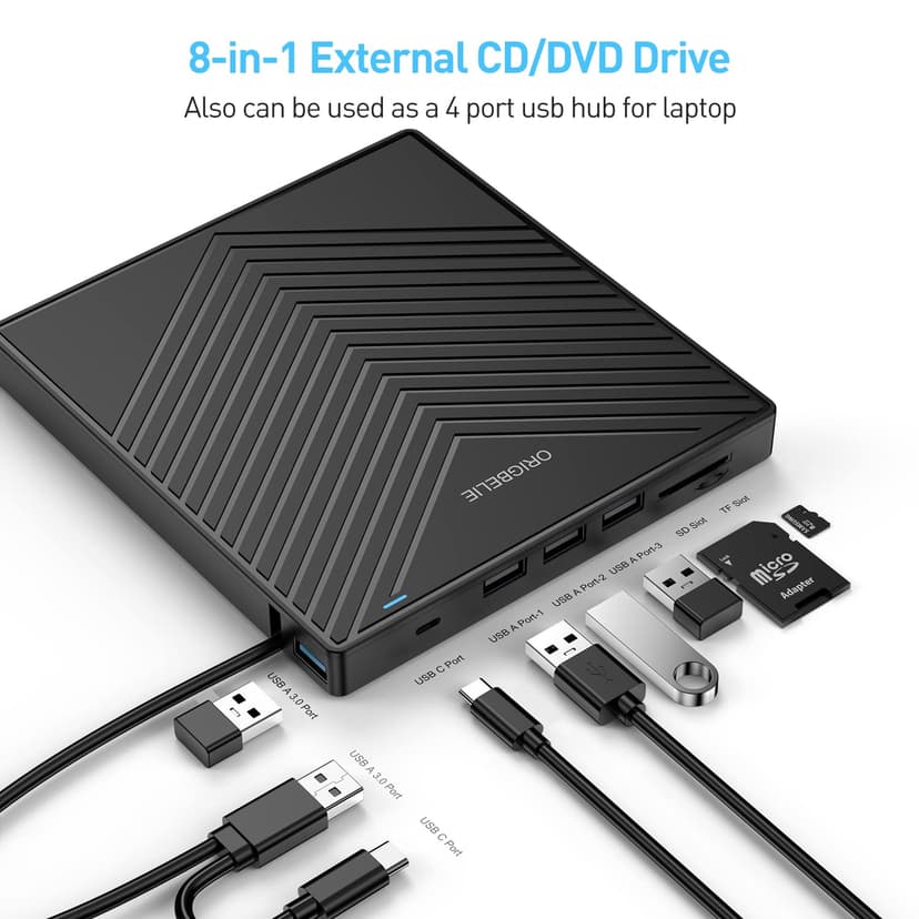 ORIGBELIE External CD DVD Drive, Ultra Slim CD Burner USB 3.0 with 4 USB Ports and 2 TF/SD Card Slots, Optical Disk Drive for Laptop Mac, PC Windows 11/10/8/7 Linux OS - 3