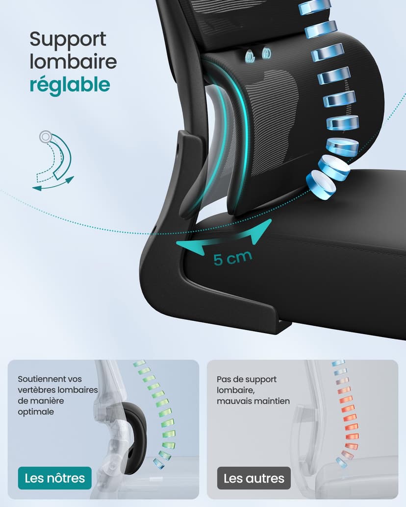 SONGMICS Chaise de Bureau, Chaise Ergonomique, avec Tissu en Maille Respirant à Double Couche, Soutien Lombaire Adaptatif, Appui-Tête Réglable, pour Bureau à Domicile, Noir d’Encre OBN041B01 - 5