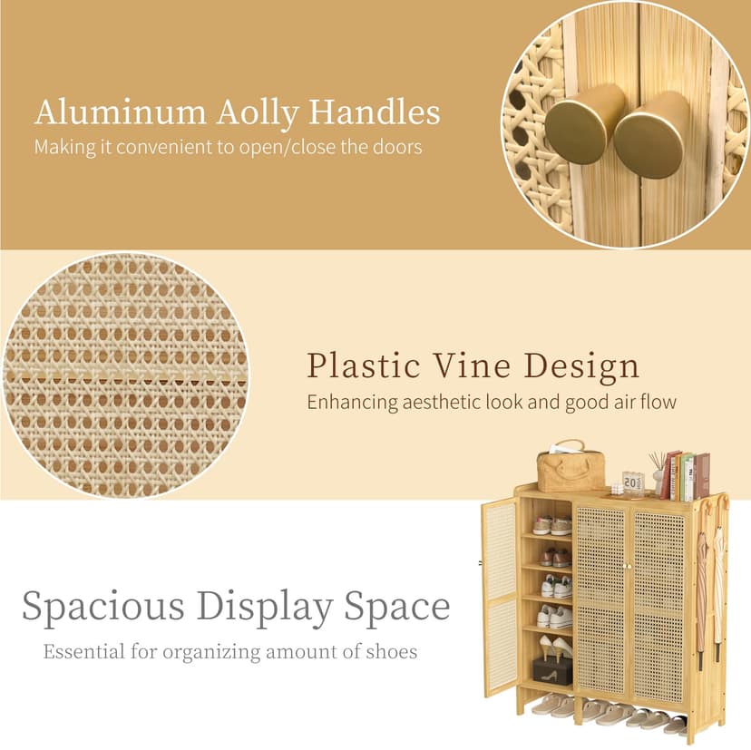 unho Meuble Chaussure d’Entrée en Bambou: Rangement Chaussure avec 5 Étagères Armoire à Chaussures avec 4 Crochets Design - 90.5 × 35 × 107 cm - 6