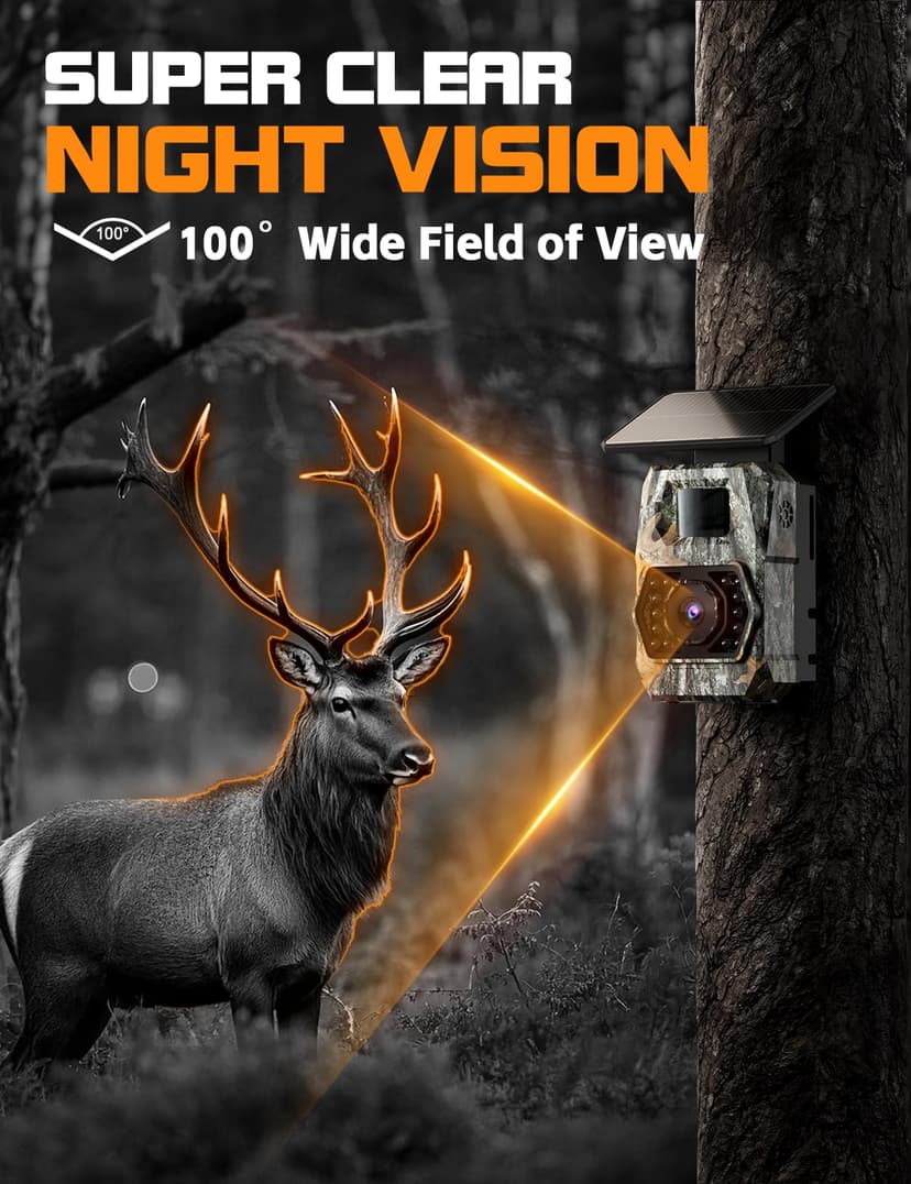 Caméra de Chasse Solaire, 60MP 4K WiFi Camera Chasse avec 5200mAh Batterie Rechargeable, 850nm LED Camera Infrarouge Vision Nocturne Animaux Caméra, Grand Angle 100°, Etanche IP66 avec Carte 32GB - 5
