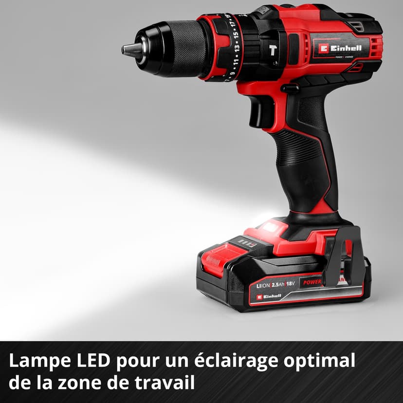 Einhell Perceuse-visseuse à percussion sans fil TE-CD 18/44 Li-i (1 x 2,5 Ah) Power X-Change (18 V, 44 Nm, perçage à percussion, mandrin métallique 13 mm, 2 vitesses, avec batterie 2,5 Ah et chargeur) - 8