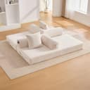 2 Seater Corduroy Sofa Bed, Multifunctional Modern Convertible Sofa, Side Pockets and 3 Cushions, DIY Free, for Living Room, Bedroom, Office (Beige-L) - 4