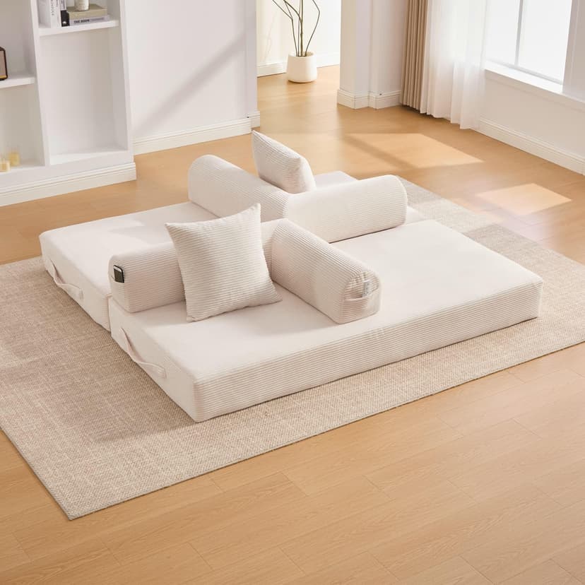 2 Seater Corduroy Sofa Bed, Multifunctional Modern Convertible Sofa, Side Pockets and 3 Cushions, DIY Free, for Living Room, Bedroom, Office (Beige-L) - 4