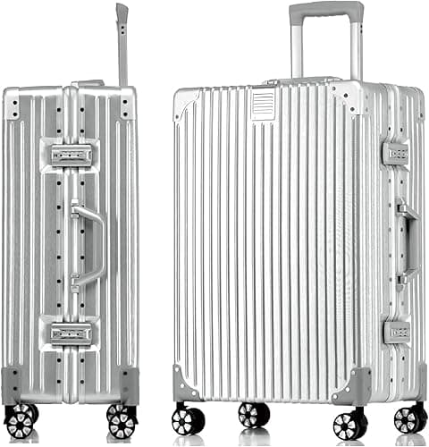 Aoliwei Suitcase Hand Luggage · Silver · Aluminium Frame · Hard Shells in Polycarbonate · Trolley Travel Luggage · Travel Suitcase with 4 Double Wheels · TSA Combination Lock · S-55 cm