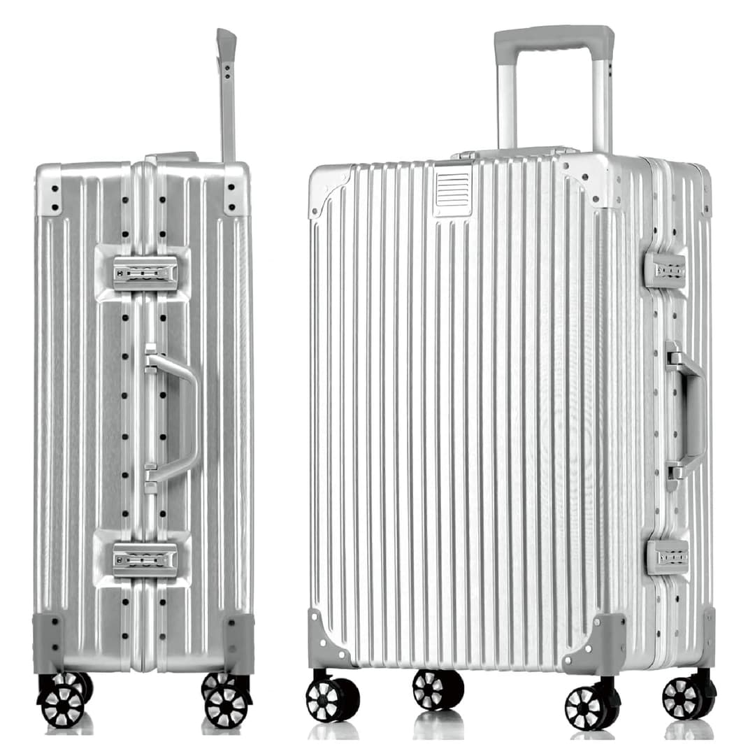 Aoliwei Suitcase Hand Luggage · Silver · Aluminium Frame · Hard Shells in Polycarbonate · Trolley Travel Luggage · Travel Suitcase with 4 Double Wheels · TSA Combination Lock · S-55 cm